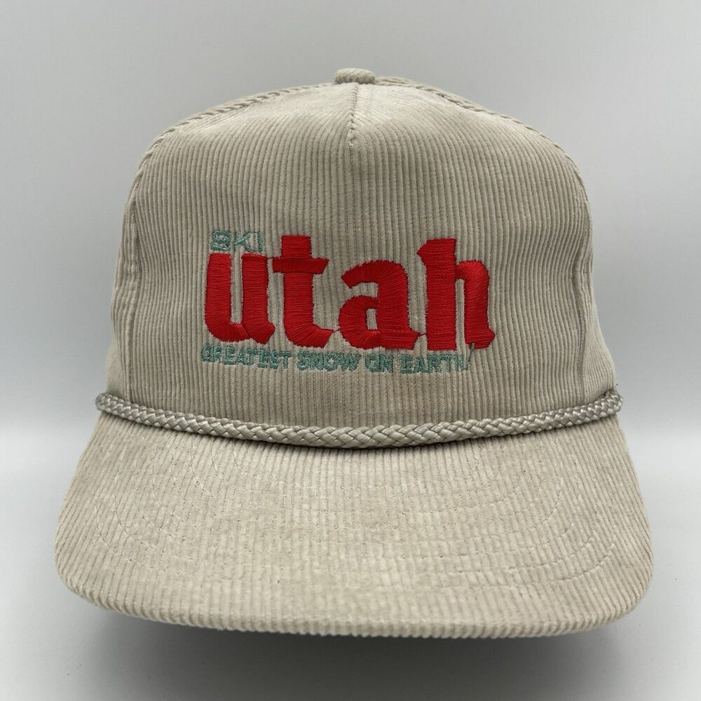 Vintage 80s Ski Utah Greatest Snow On Earth Corduroy Slide Strapback Hat Cap